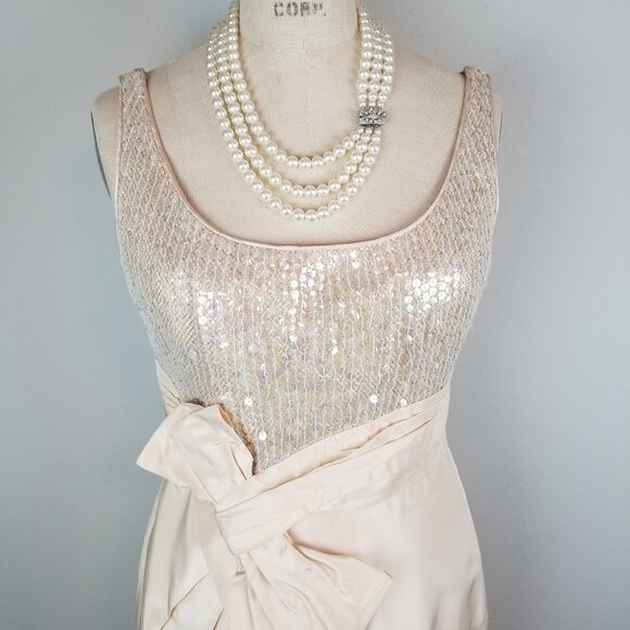 Vintage Carmen Marc Valvo Sequin & Peach Silk Champagne Cocktail Dress * Size 6 - Picture 3 of 16